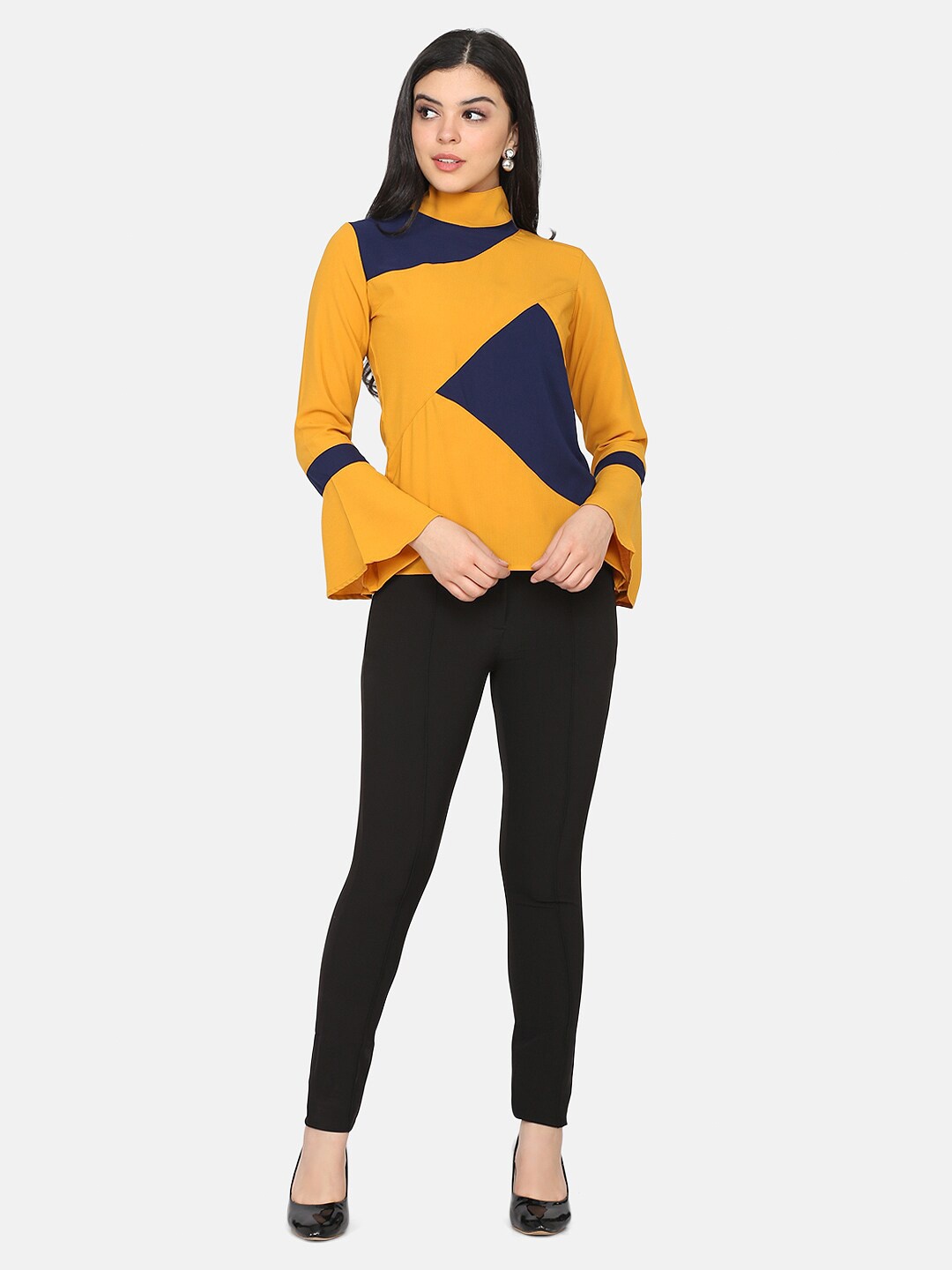

DELAN Colourblocked High Neck Bell Sleeves Top, Yellow