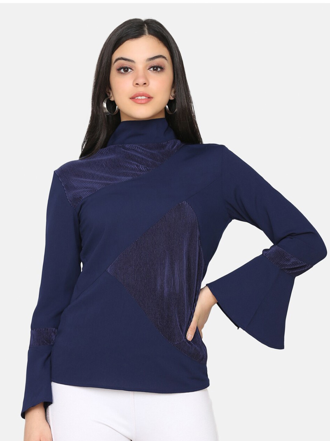 

DELAN Bell Sleeve High Neck Top, Navy blue