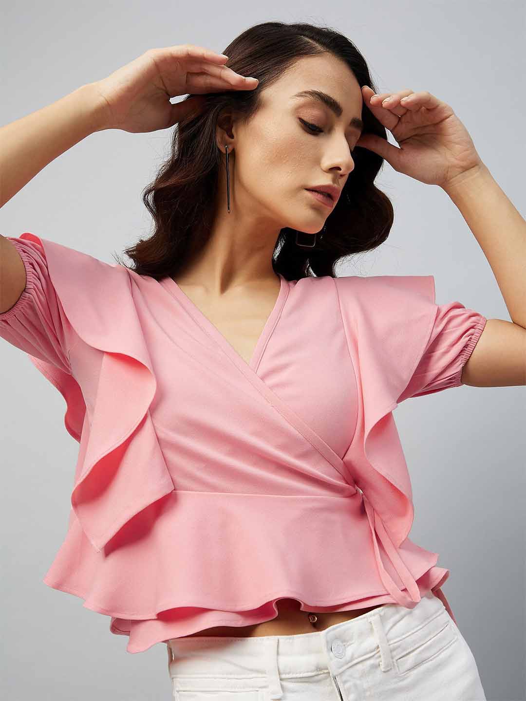 

DELAN Flutter Sleeve V-Neck Wrap Top, Pink