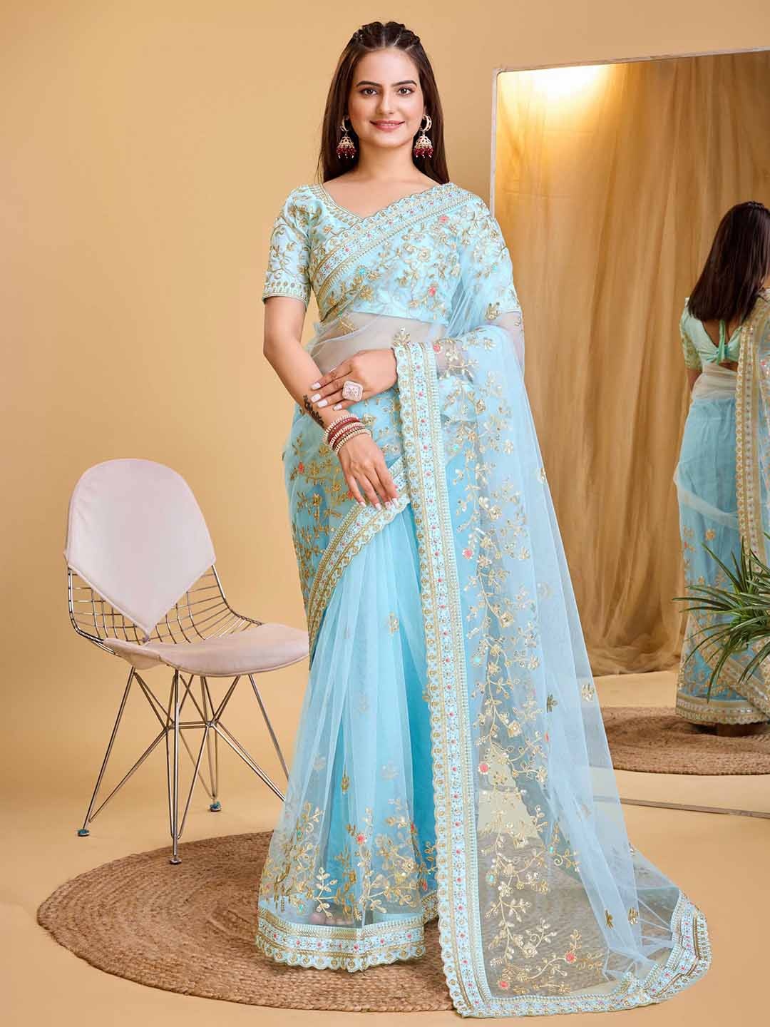 

VAIRAGEE Floral Embroidered Net Saree, Blue