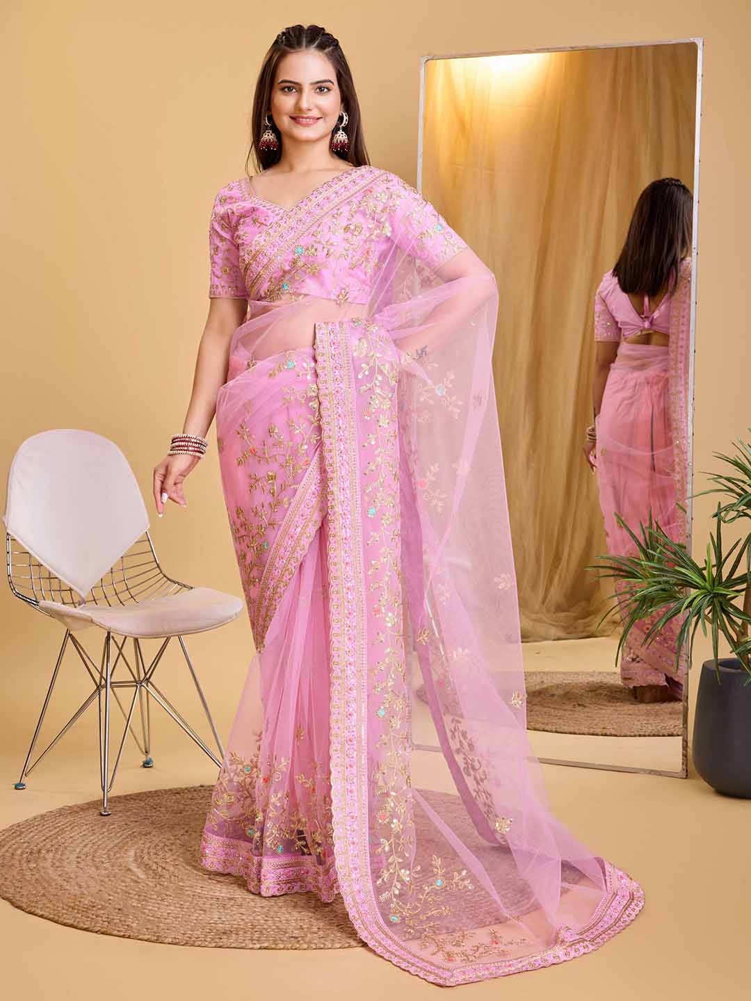 

VAIRAGEE Floral Embroidered Net Heavy Work Saree, Pink