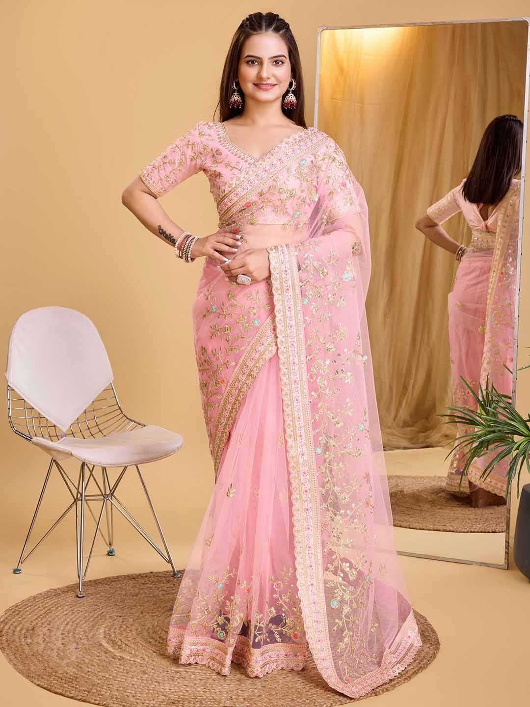 

VAIRAGEE Floral Embroidered Net Saree, Peach