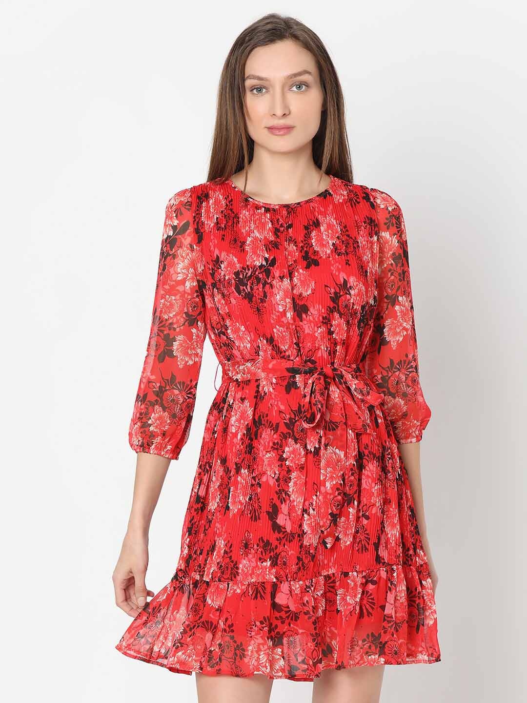 

Vero Moda Floral Printed Round Neck Belted Fit & Flare Dress, Red