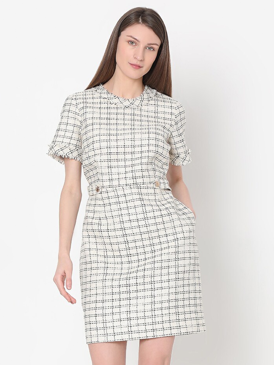 

Vero Moda Checked Fringed A-Line Dress, Beige