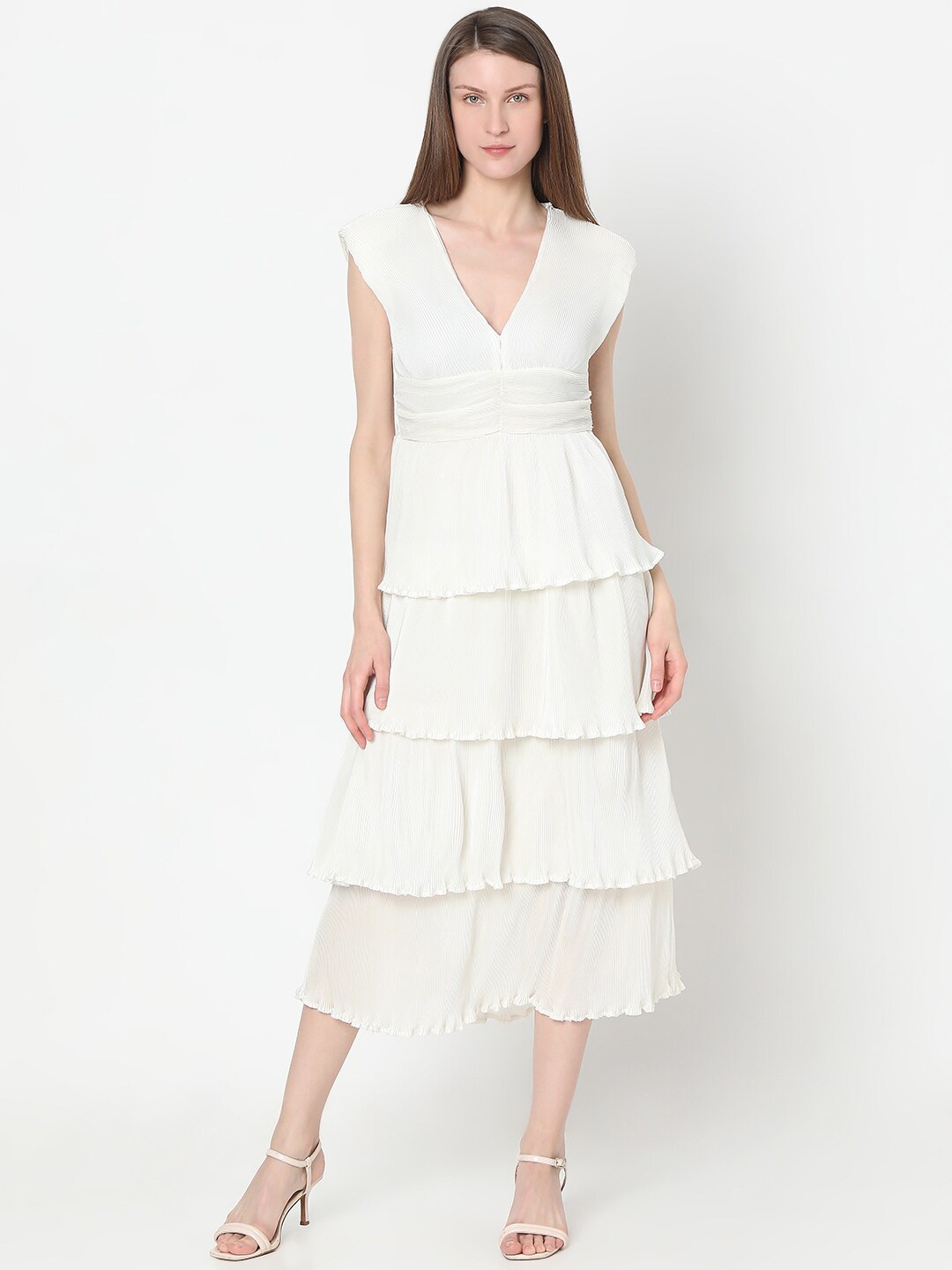 

Vero Moda Self Design Layered Fit & Flare Midi Dress, White