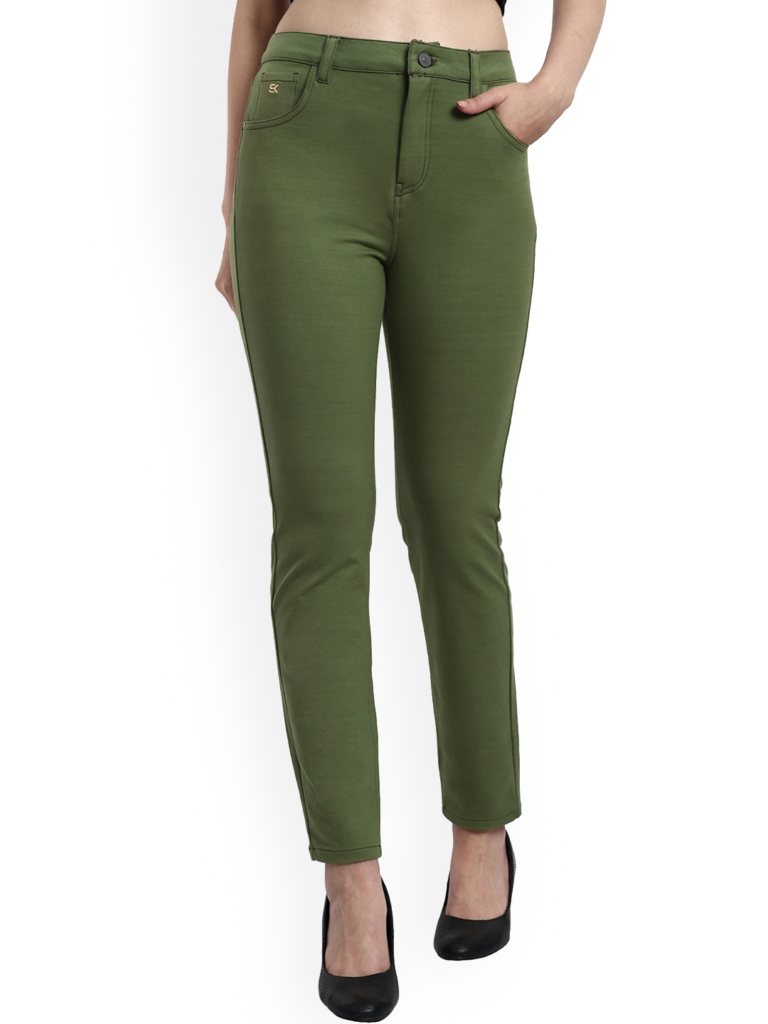 

ONE SKY Women Mid-Rise Cotton Regular Fit Trousers, Olive