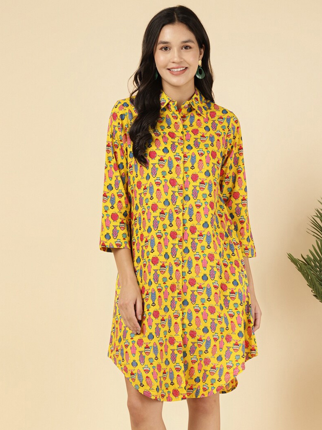 

DEEBACO Floral Print Cotton Shirt Dress, Yellow