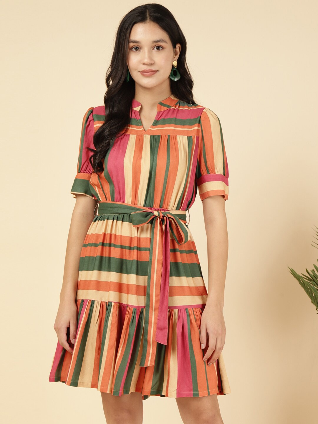 

DEEBACO Striped Fit & Flare Dress, Beige