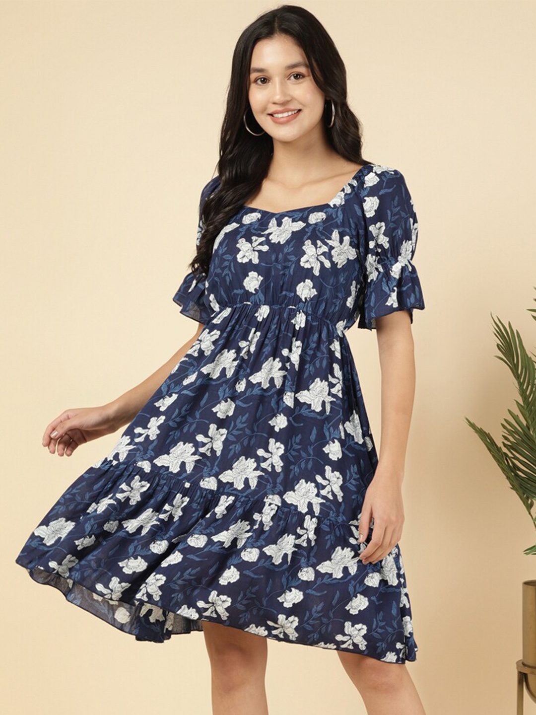 

DEEBACO Floral Printed Puff Sleeve Fit & Flare Dress, Blue