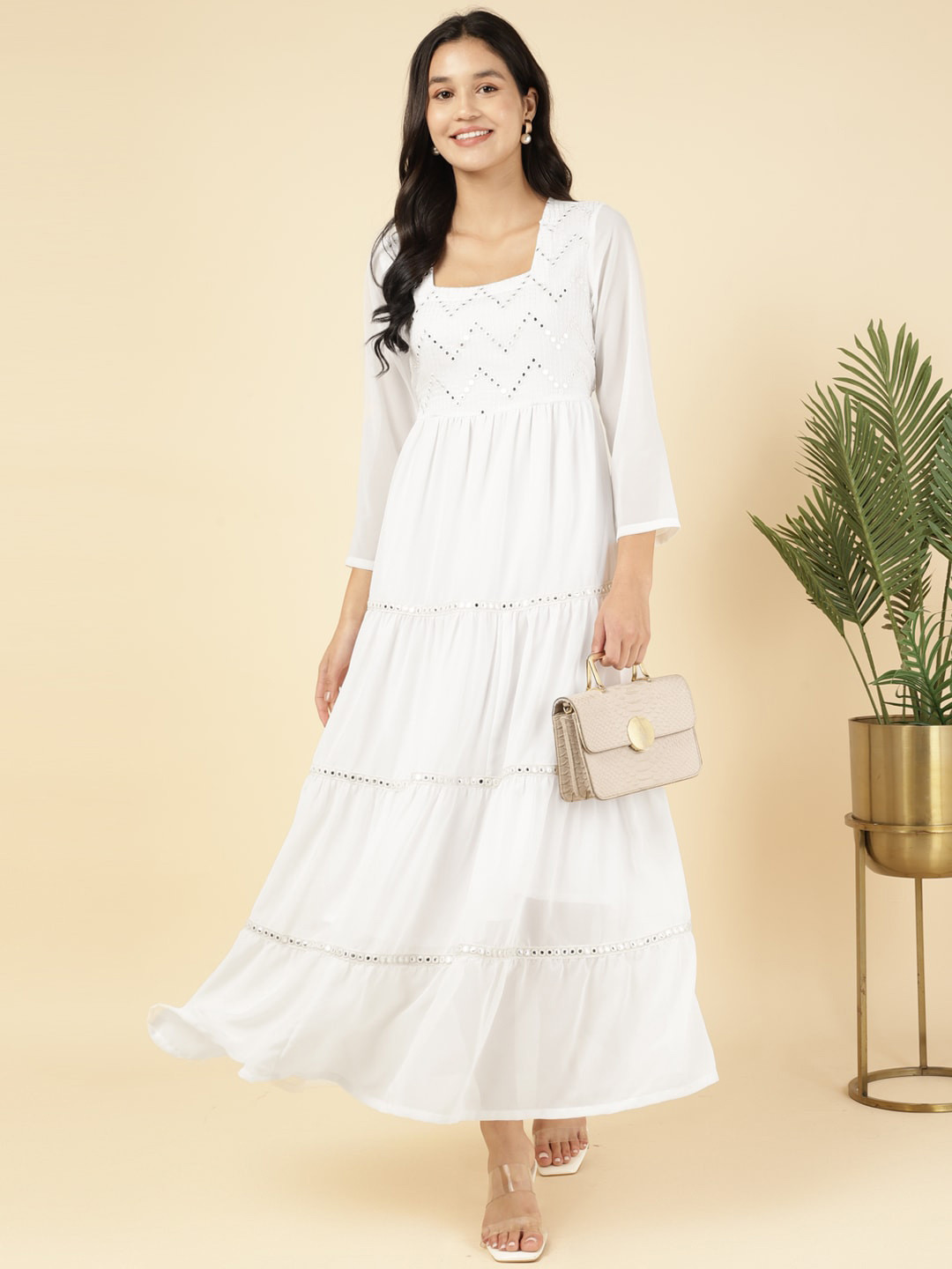 

DEEBACO Embroidered Georgette Maxi Dress, White