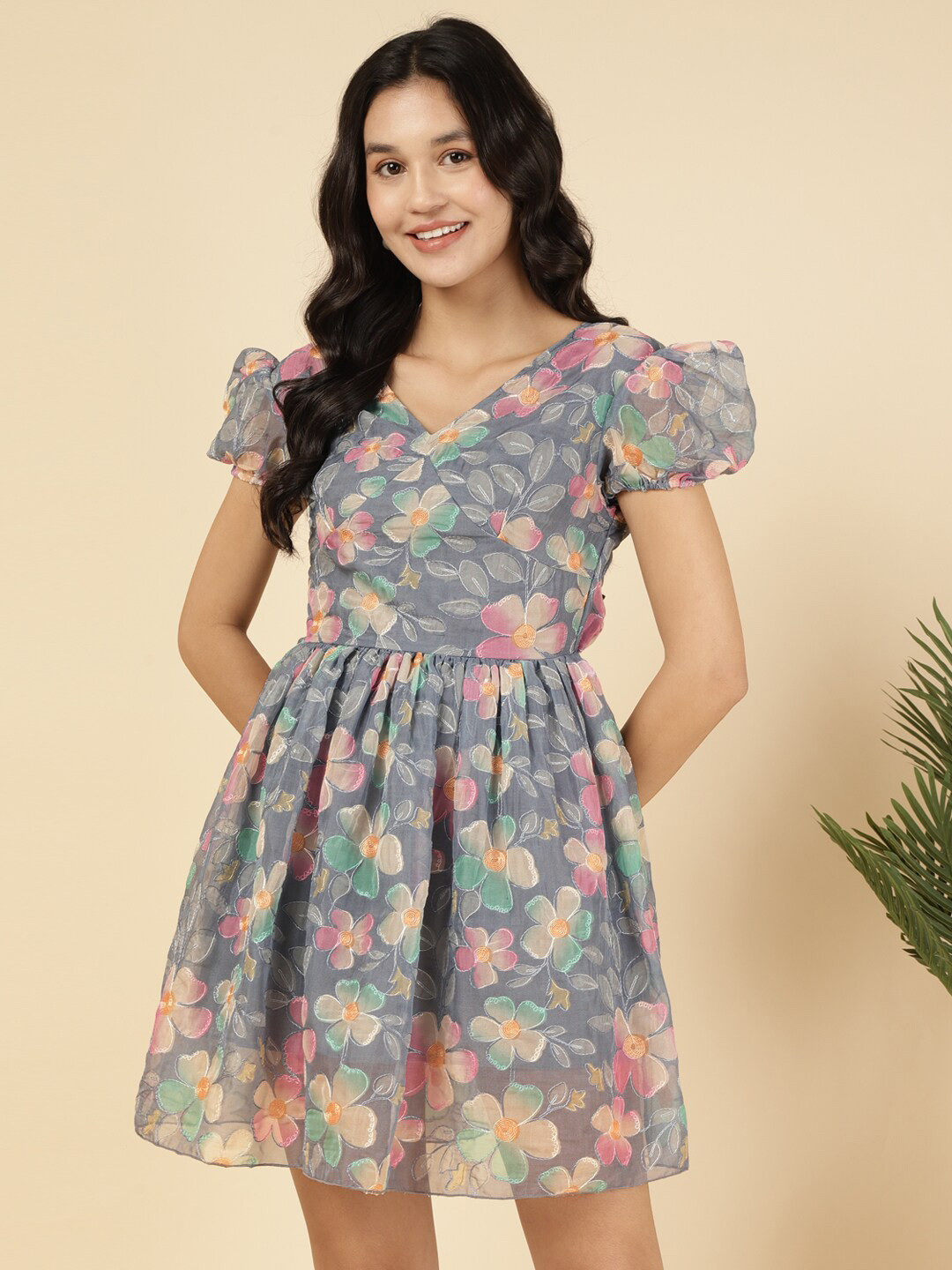 

DEEBACO Floral Printed Puff Sleeve Dress, Grey