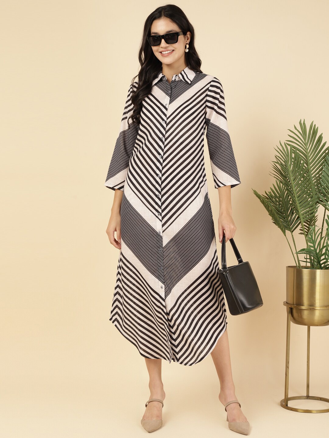 

DEEBACO Striped Linen A-Line Midi Dress, Grey