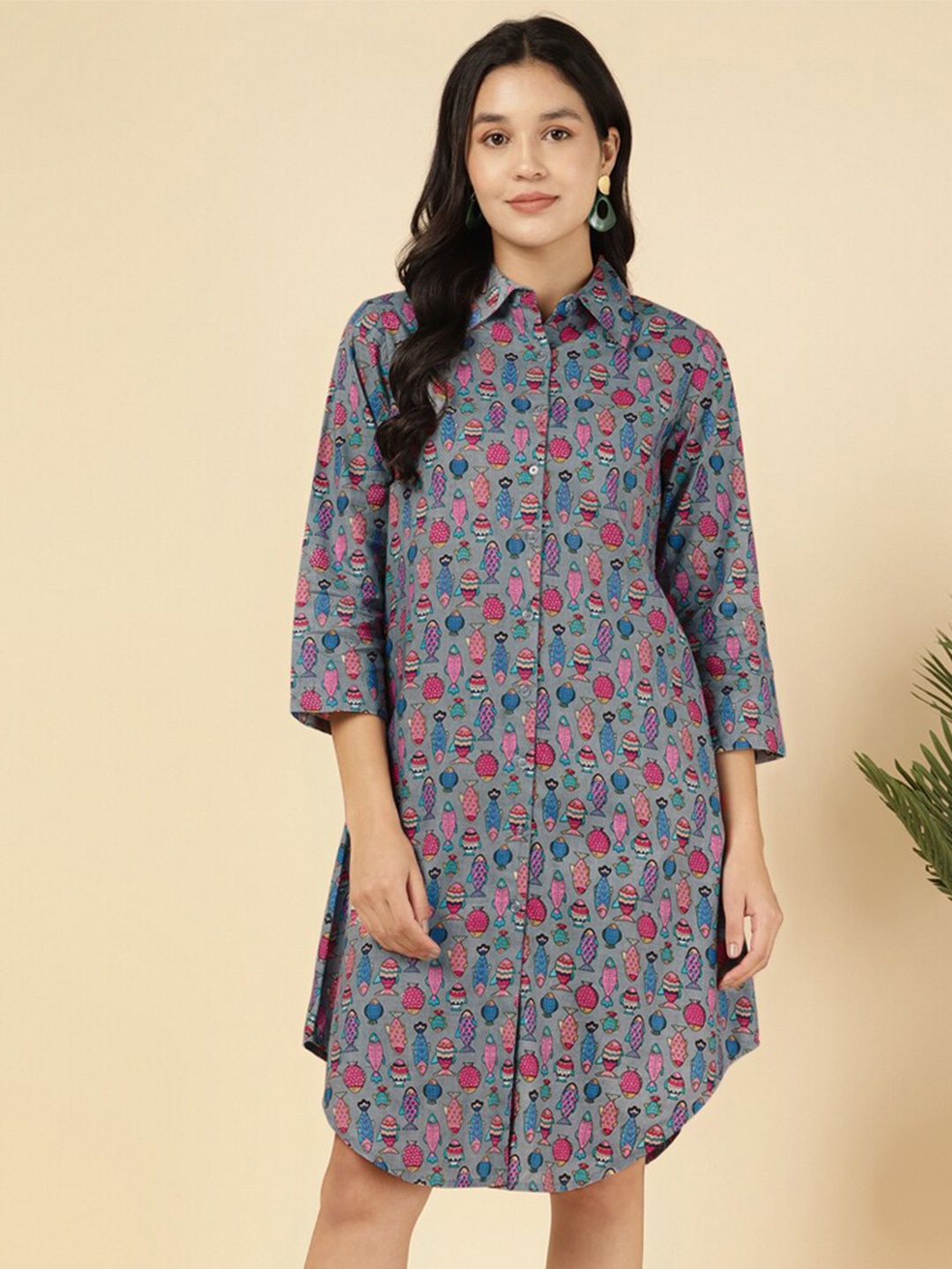 

DEEBACO Conversational Printed Cotton Shirt Dress, Grey
