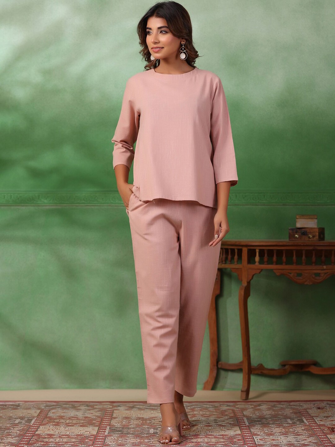 

SANSKRUTIHOMES Round Neck Pure Cotton Top & Trousers, Peach