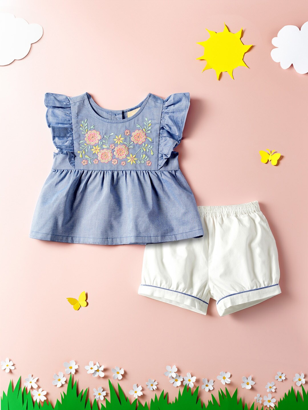

Nauti Nati Girls Embroidered Ruffled Sleeveless Pure Cotton Top with Shorts, Blue