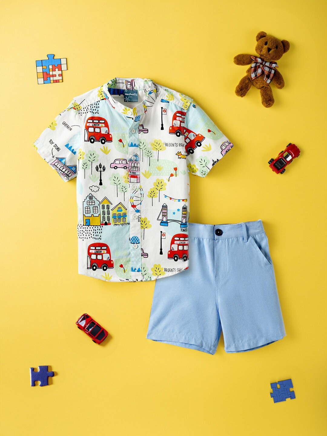 

Nauti Nati Boys Conversational Printed Mandarin Collar Pure Cotton Shirt With Shorts, White
