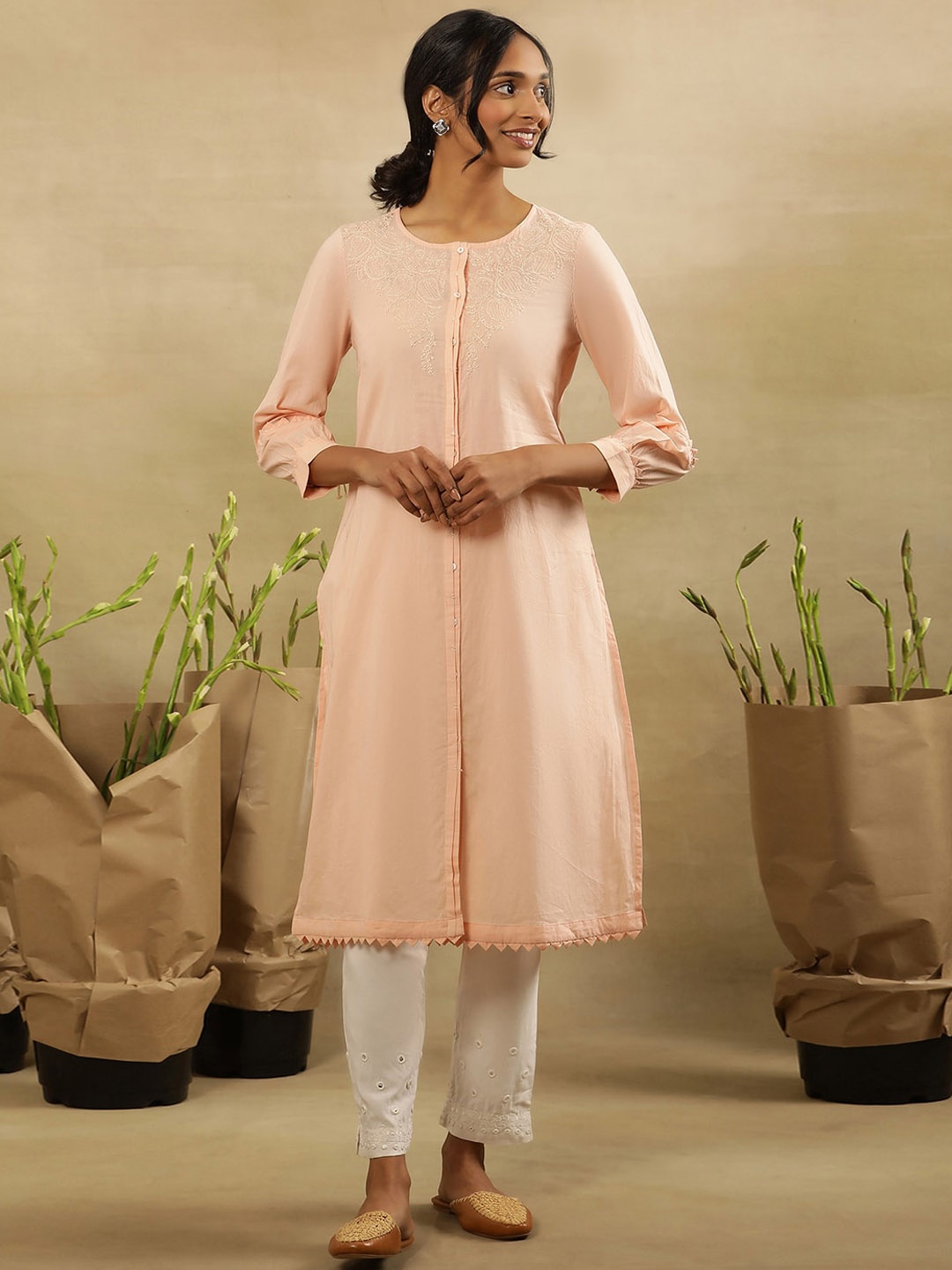 

W Floral Embroidered Flared Sleeves Gotta Patti Cotton A-Line Kurta, Pink