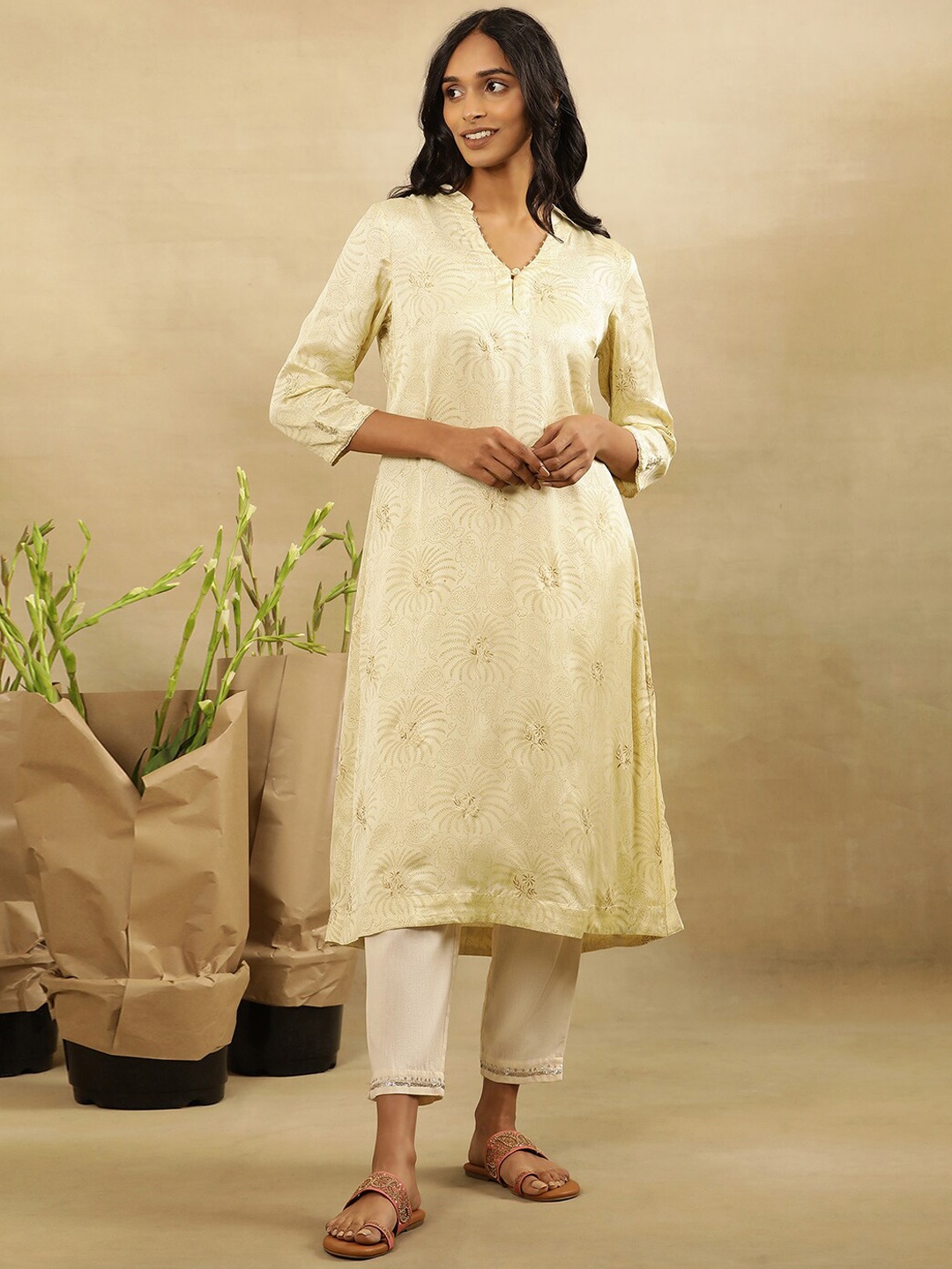 

W Ethnic Motifs Printed Flared Sleeves A-Line Kurta, Yellow