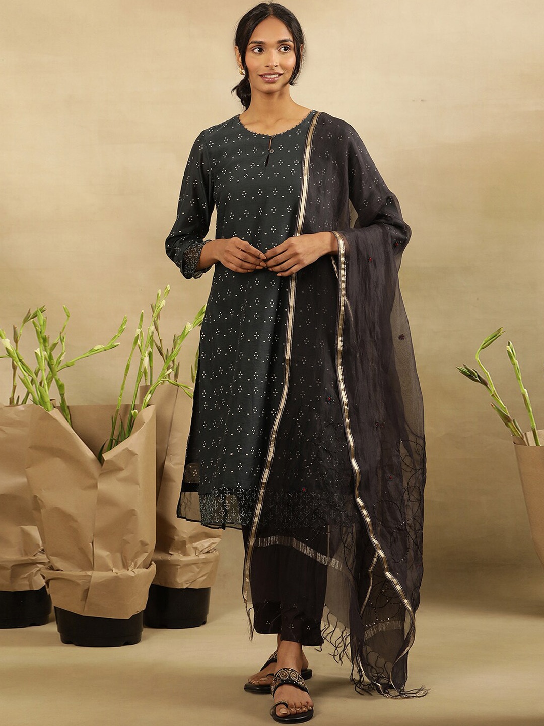 

W Abstract Printed A-Line Kurta, Grey