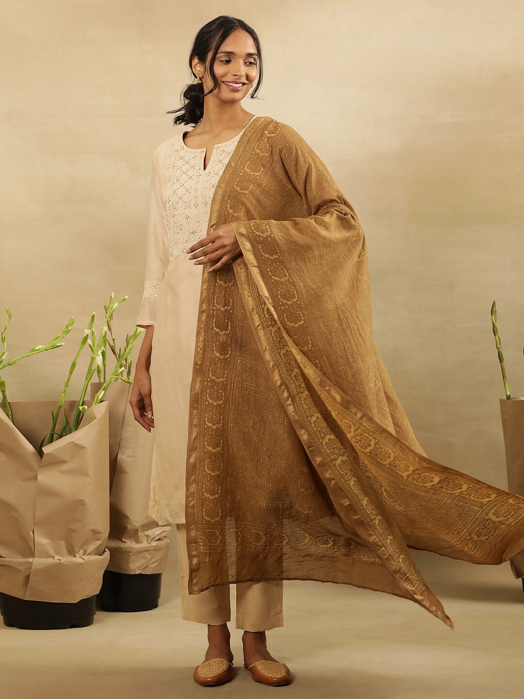 

W Ethnic Motifs Printed Dupatta, Brown