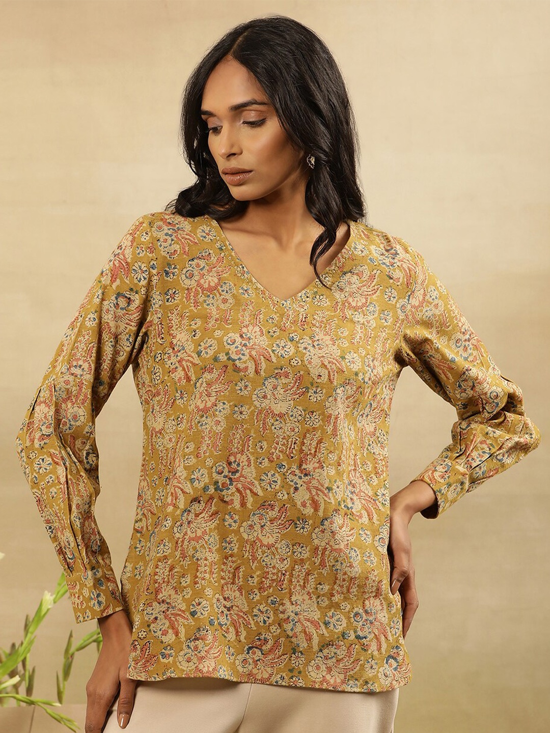 

W V Neck Floral Printed Cotton Top, Yellow