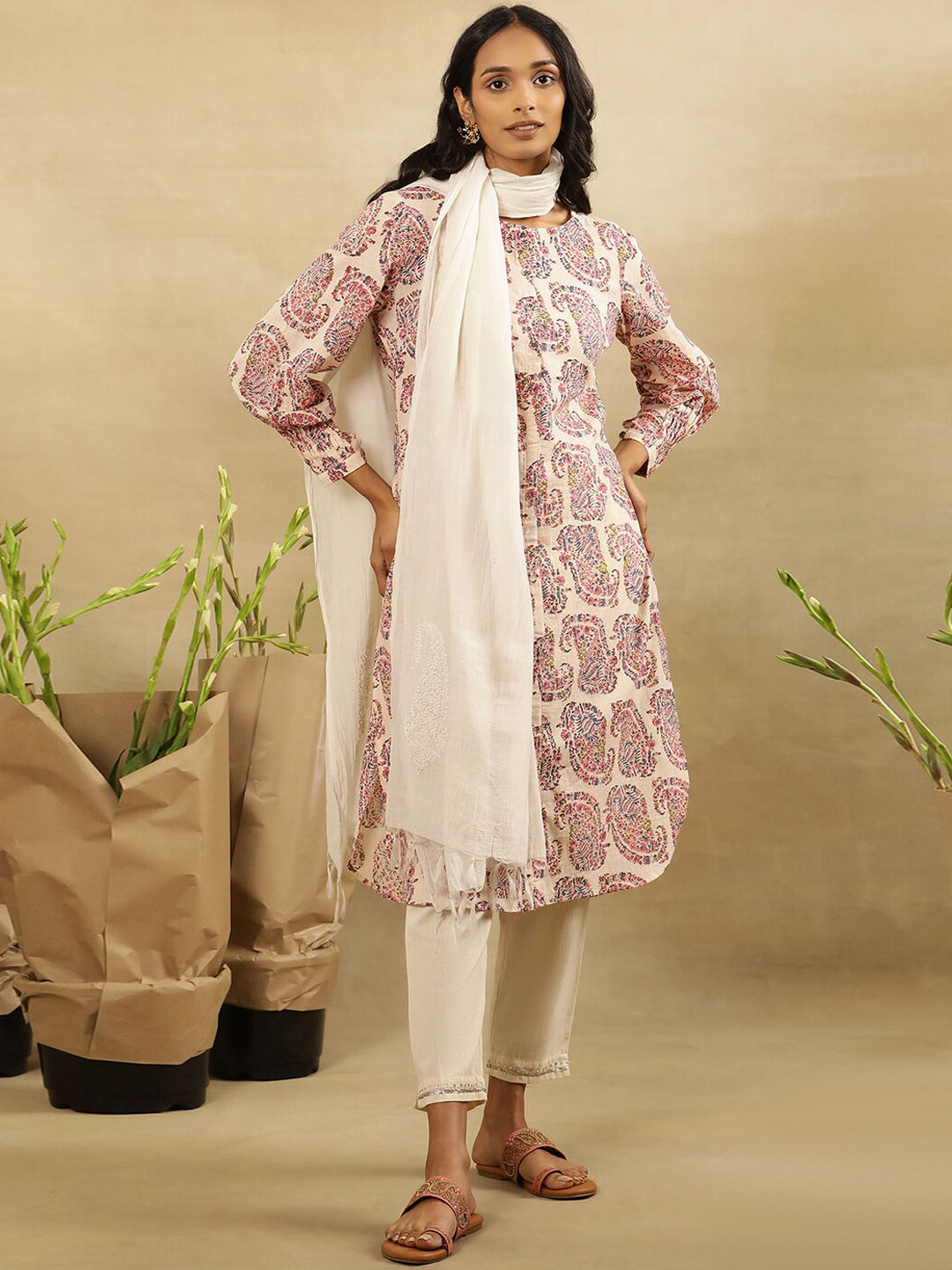 

W Ethnic Motifs Printed A-Line Cotton Kurta, White