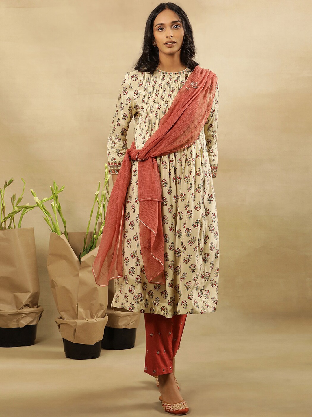 

W Floral Printed Mirror Work Sequinned Anarkali Kurta, White