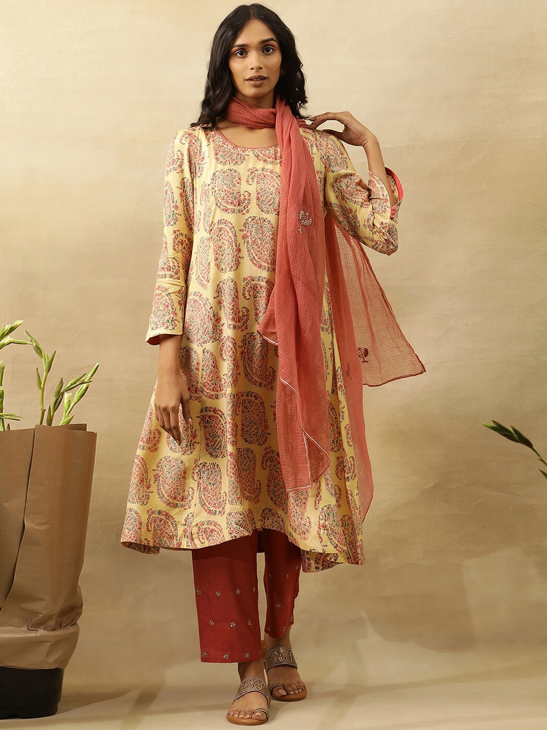 

W Ethnic Motifs Printed Flared Sleeves A-Line Kurta, Yellow
