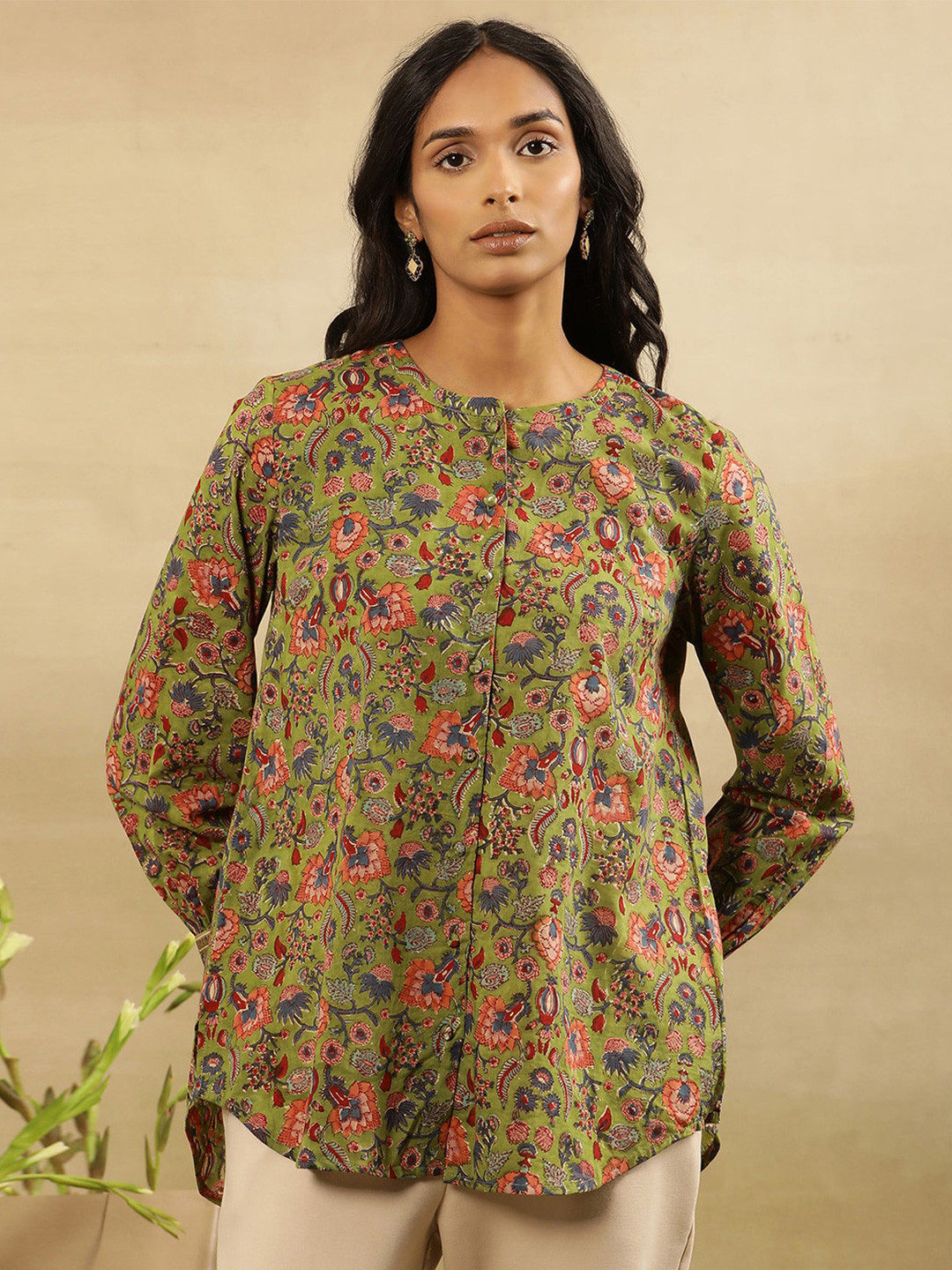 

W Round Neck Floral Printed Cotton Top, Green