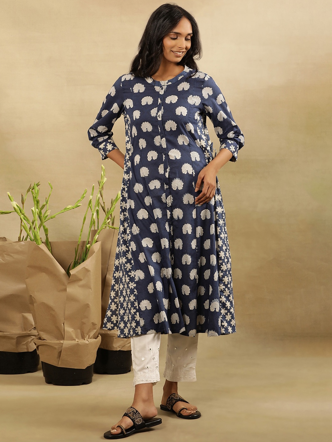 

W Ethnic Motifs Printed Pure Cotton Panelled A-Line Kurta, Blue