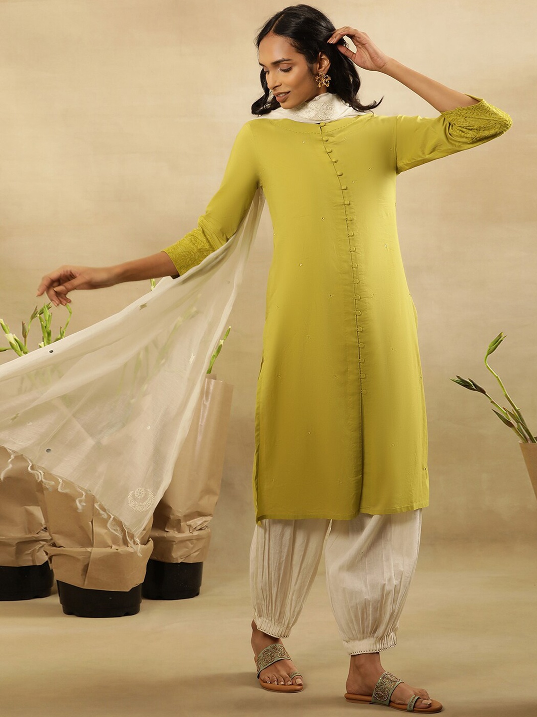 

W Embellished Sequinned Pure Cotton Straight Kurta, Green
