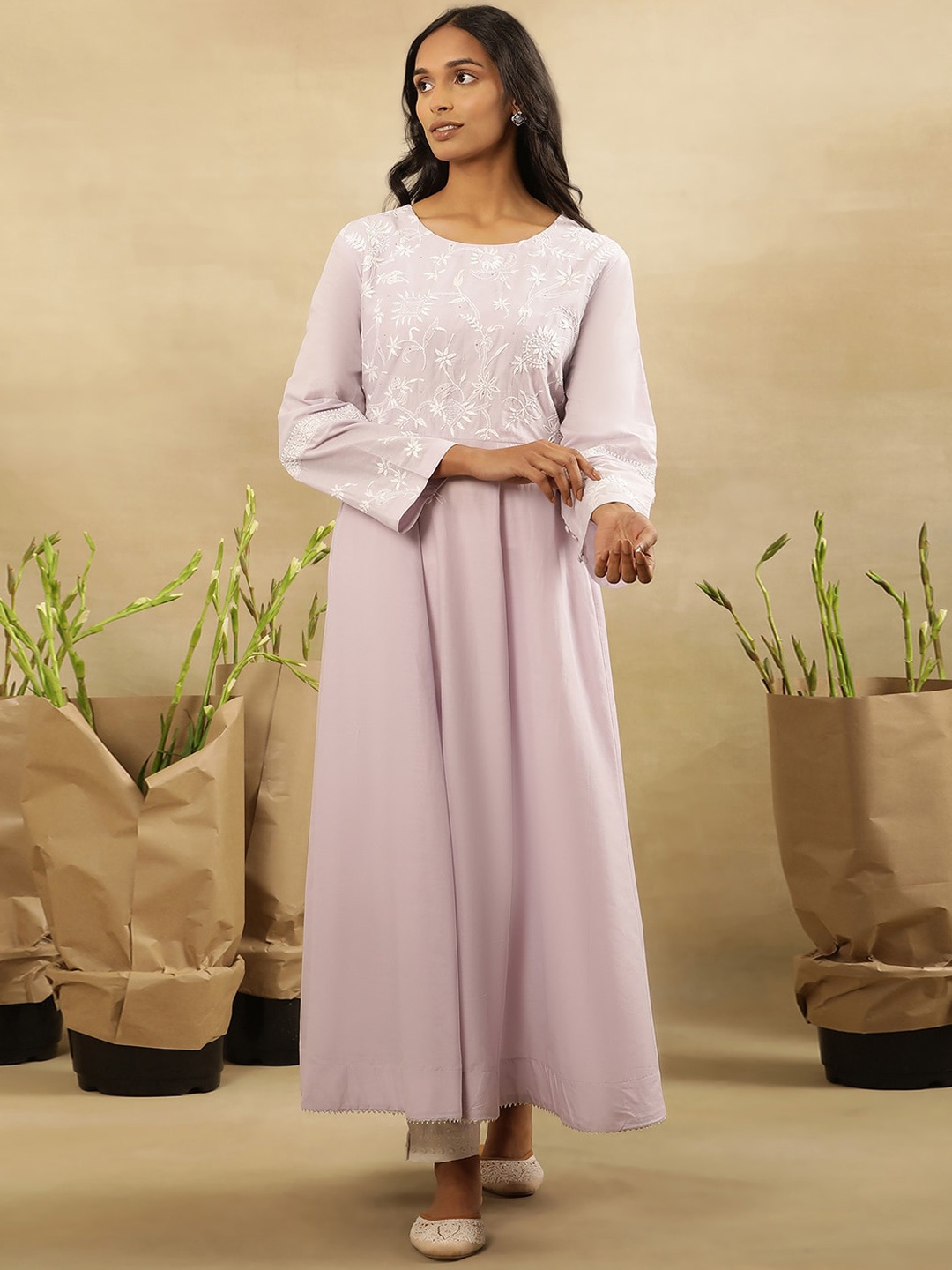 

W Floral Yoke Design Thread Work Pastels Pure Cotton Anarkali Kurta, Lavender