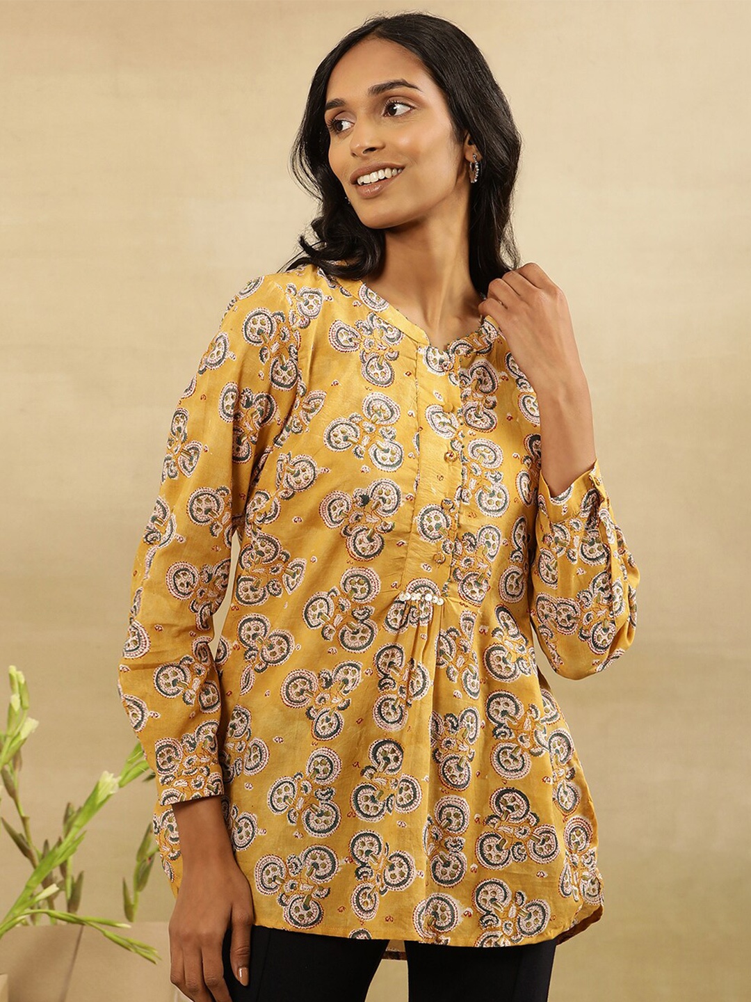 

W Mandarin Collar Printed Long Sleeves Cotton Top, Yellow