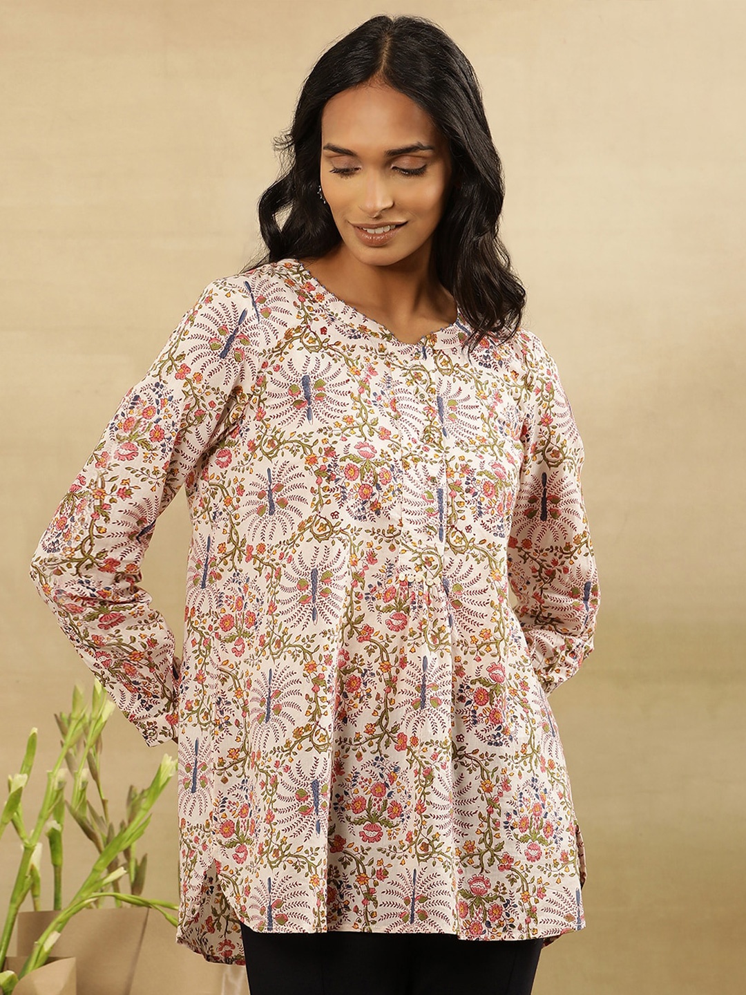 

W Mandarin Collar Floral Printed Cotton Top, White
