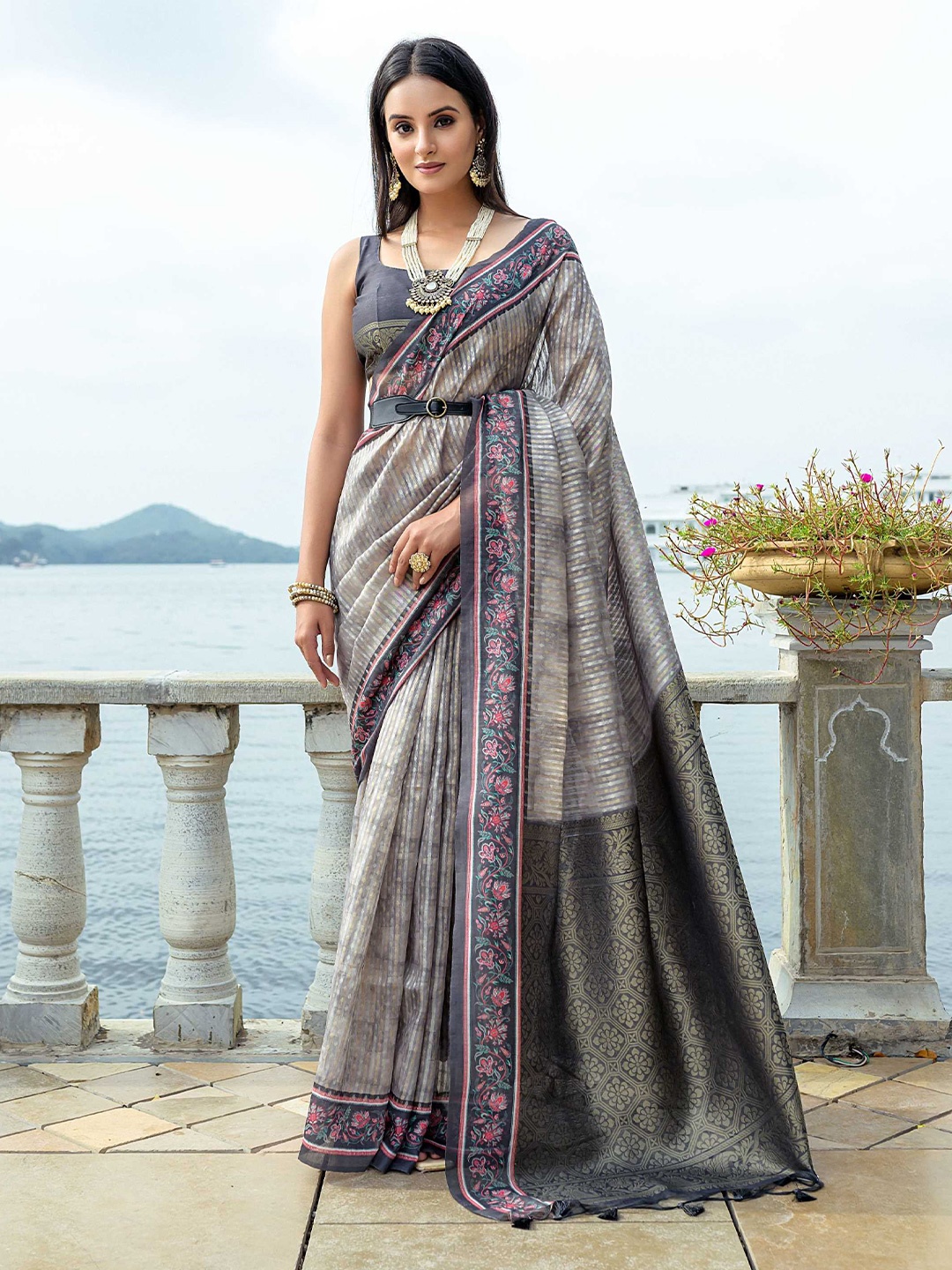 

Mitera Woven Design Zari Silk Saree, Grey