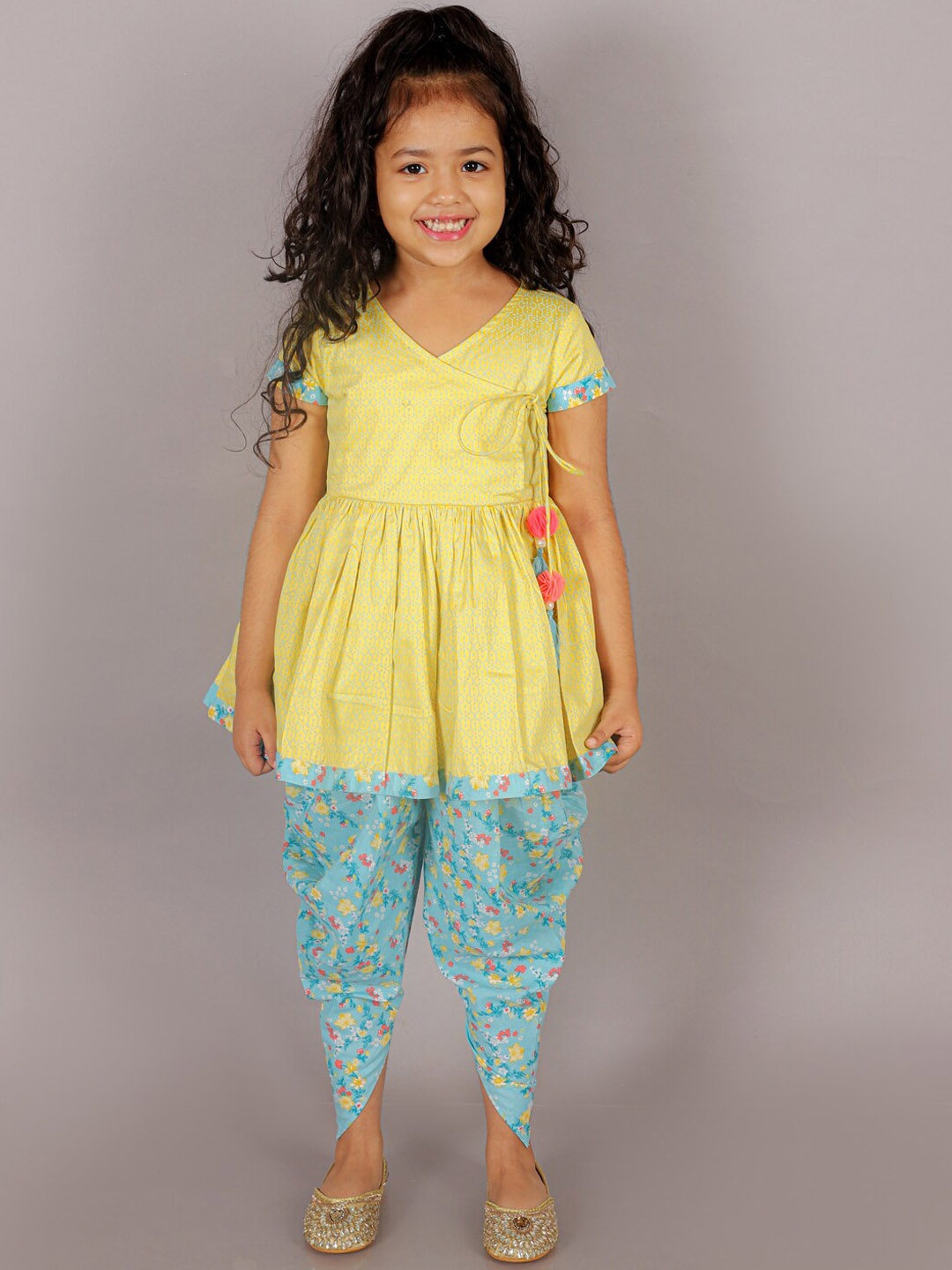 

LIL DRAMA Girls Floral Printed Regular Pure Cotton Kurti with Dhoti Pants, Yellow