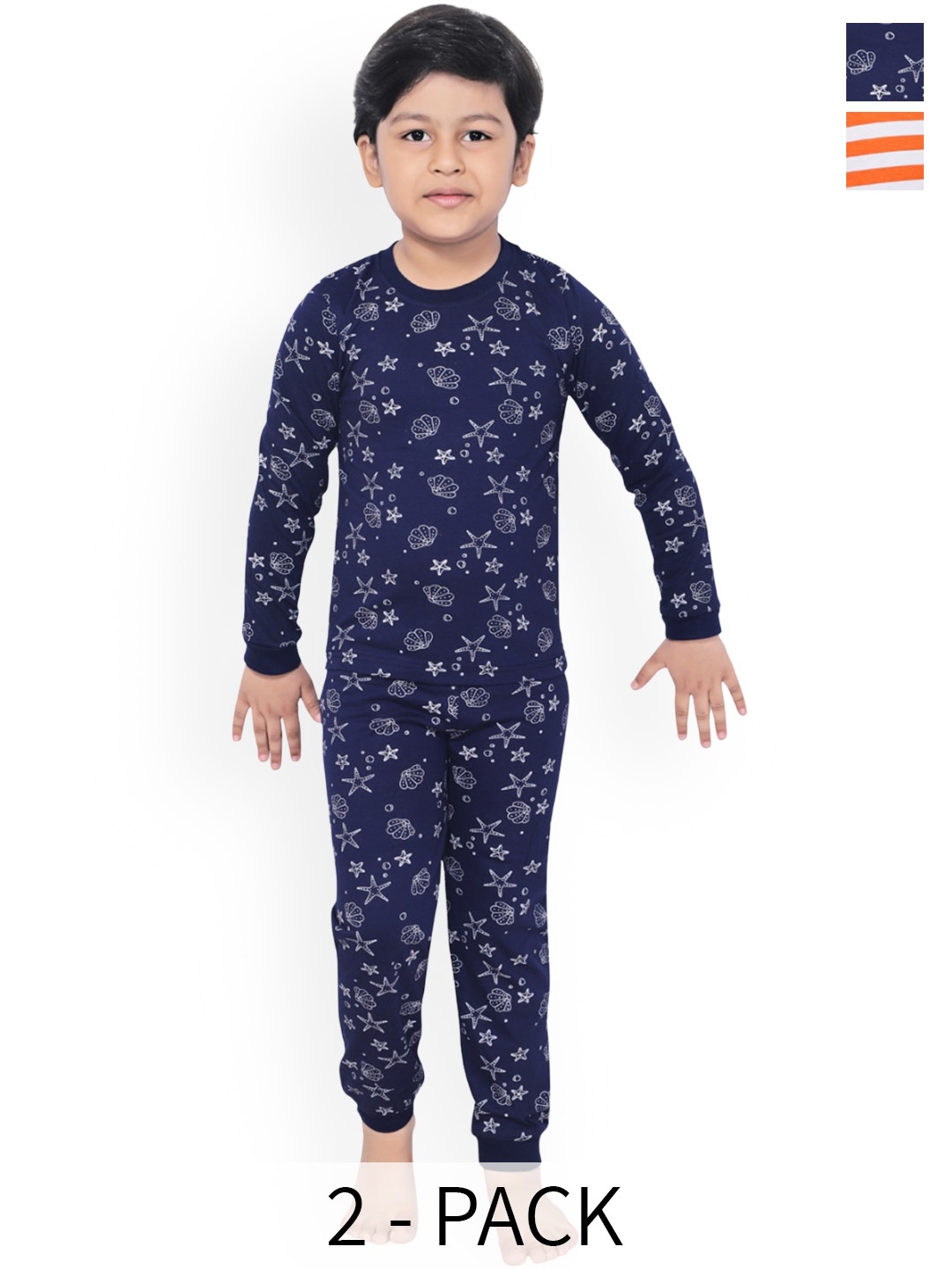 

BAESD Boys Pack Of 2 Printed Pure Cotton Night Suit, Navy blue