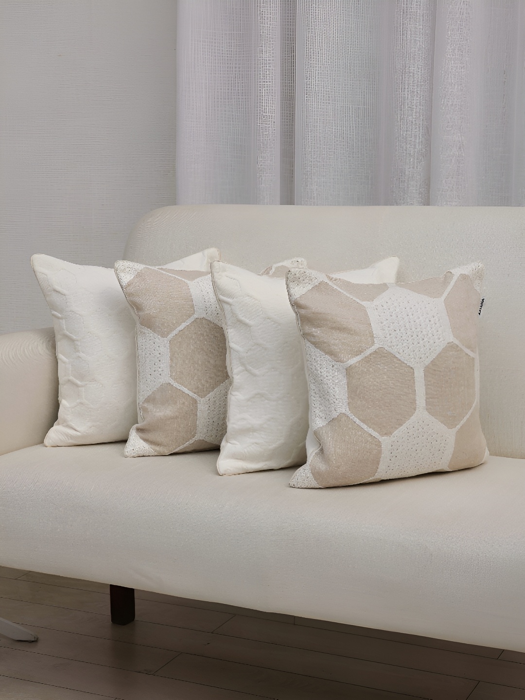 

Ariana Beige & White 4 Pieces Geometric Square Cushion Covers