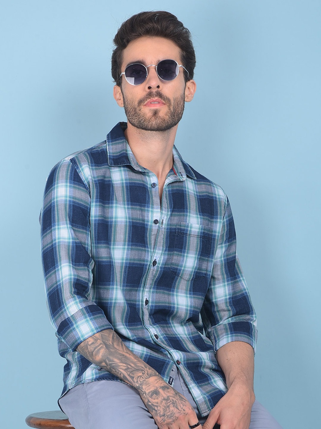 

Crimsoune Club Classic Slim Fit Opaque Windowpane Checked Casual Shirt, Blue