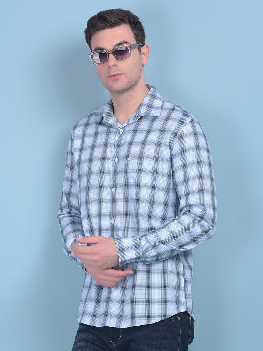 

Crimsoune Club Classic Slim Fit Opaque Checked Casual Shirt, Blue
