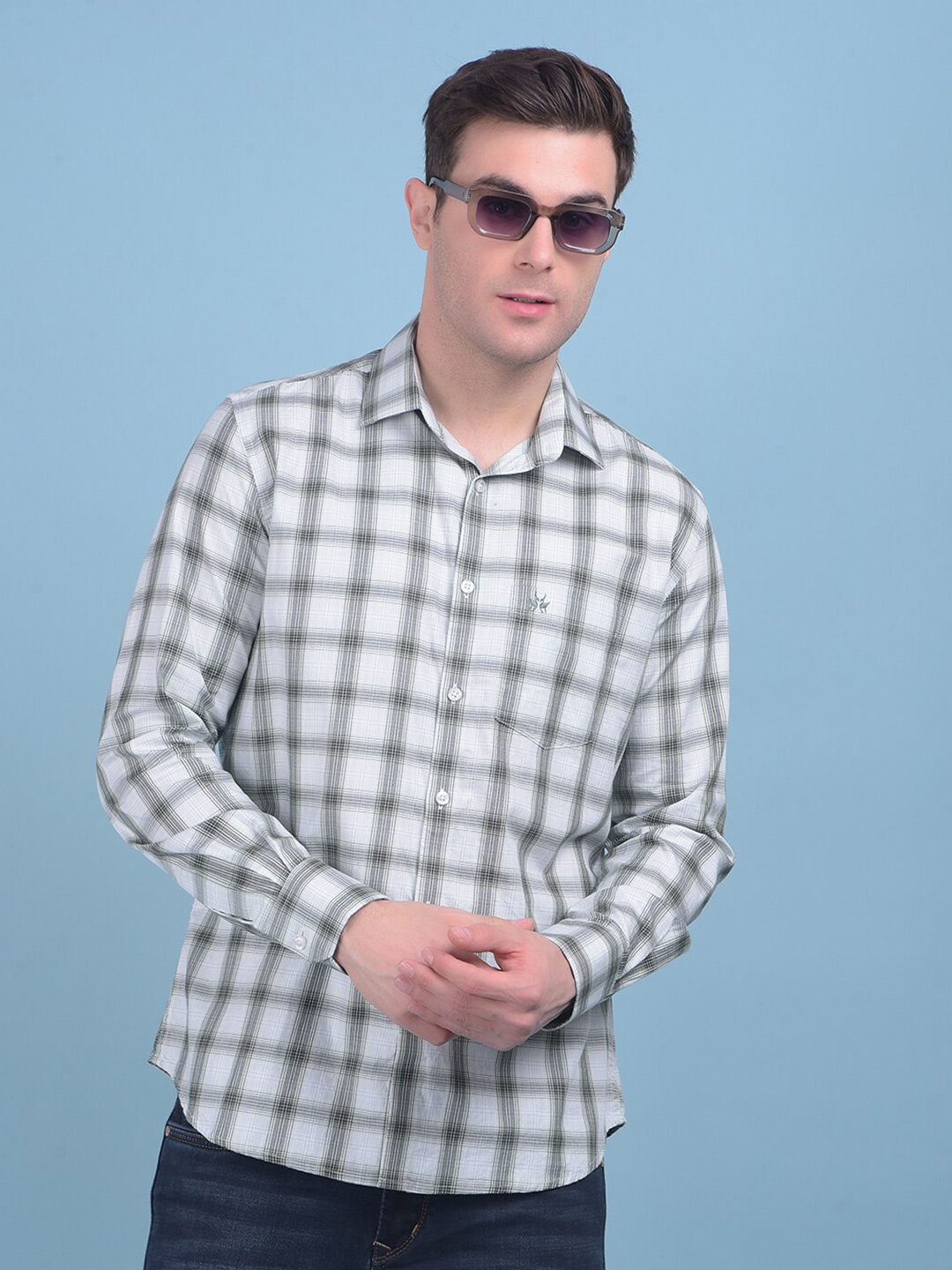 

Crimsoune Club Classic Slim Fit Opaque Checked Cotton Casual Shirt, Green