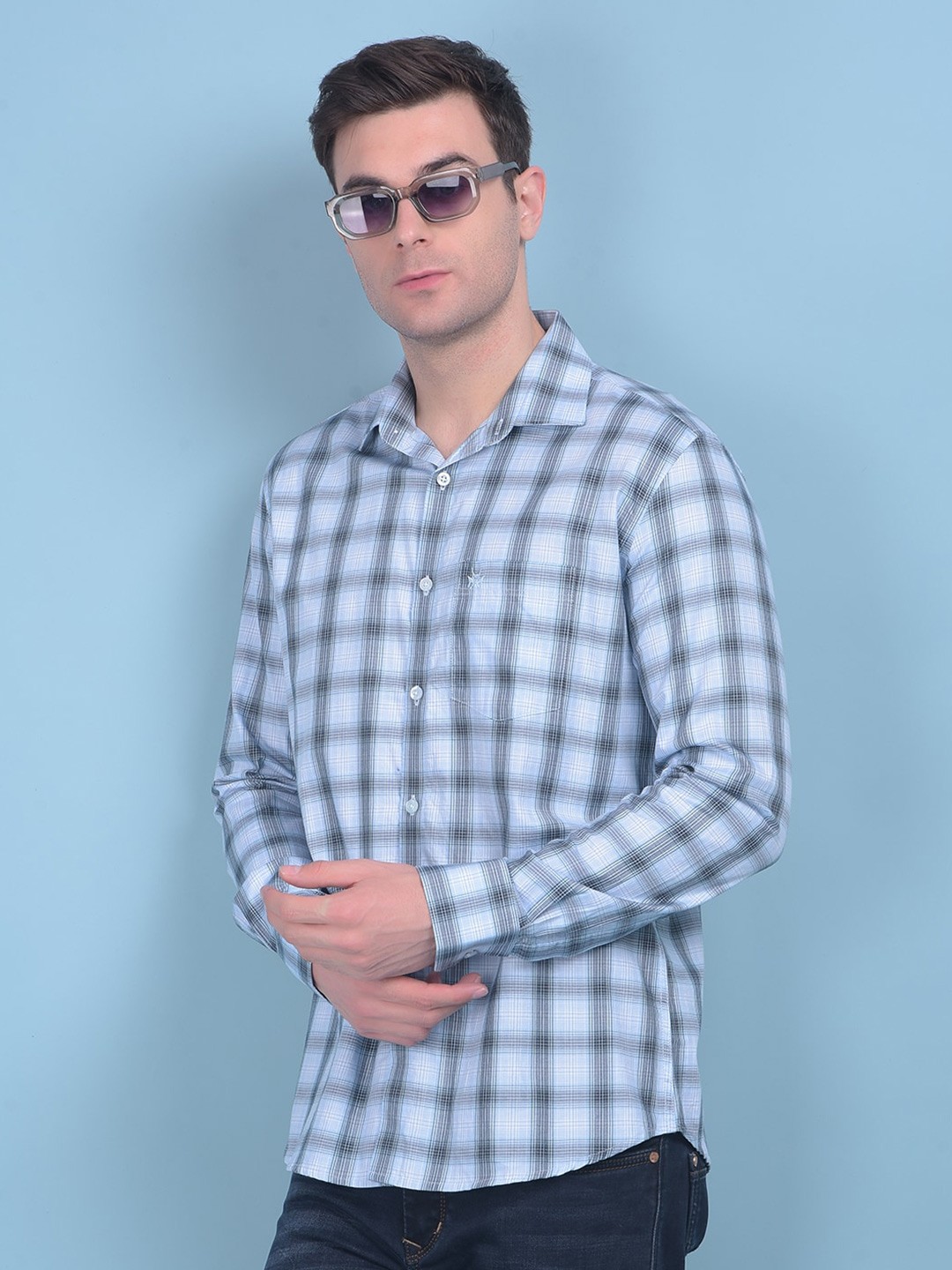 

Crimsoune Club Classic Slim Fit Opaque Checked Cotton Casual Shirt, Blue
