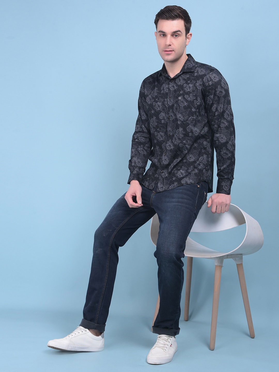 

Crimsoune Club Classic Slim Fit Opaque Printed Cotton Casual Shirt, Black