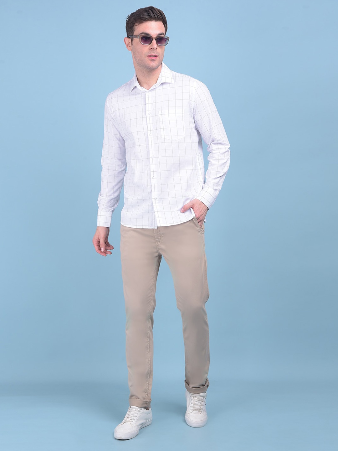 

Crimsoune Club Classic Slim Fit Grid Tattersall Checked Cotton Casual Shirt, White