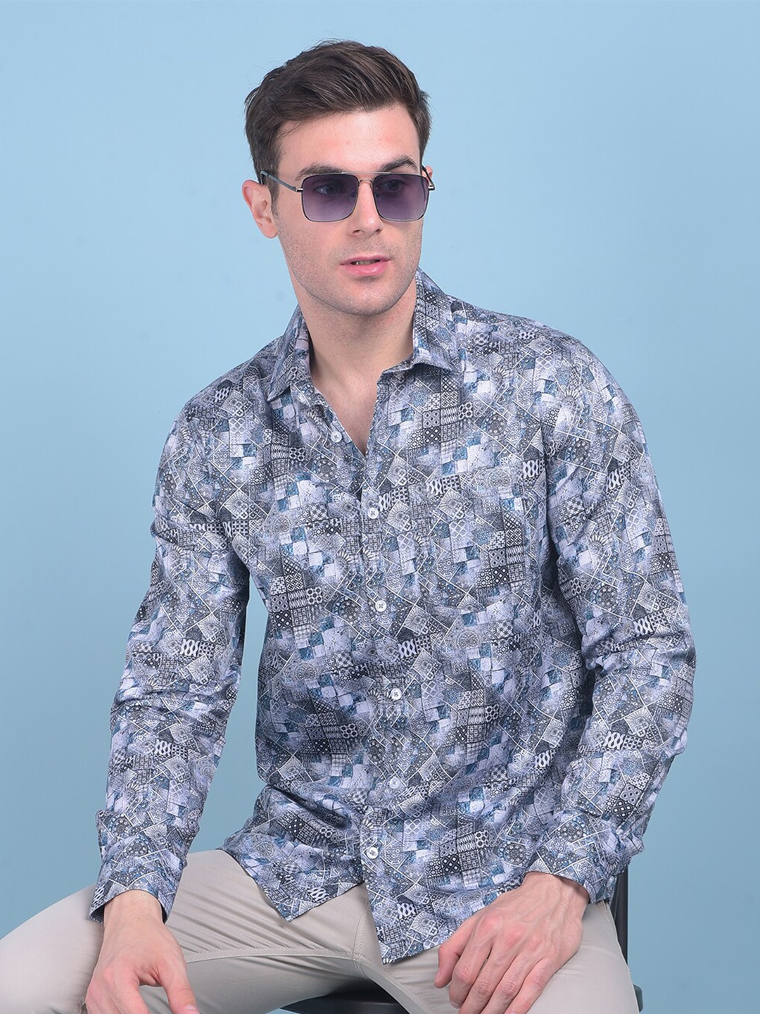 

Crimsoune Club Classic Slim Fit Printed Spread Collar Long Sleeves Cotton Casual Shirt, Blue