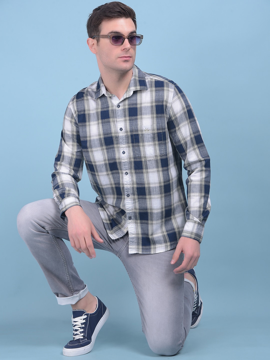 

Crimsoune Club Classic Slim Fit Tartan Checks Cotton Checked Casual Shirt, Blue