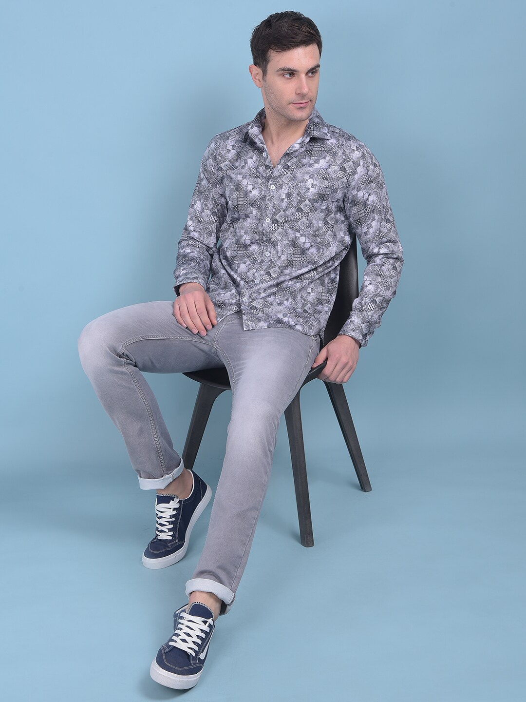 

Crimsoune Club Classic Slim Fit Opaque Printed Cotton Casual Shirt, Grey