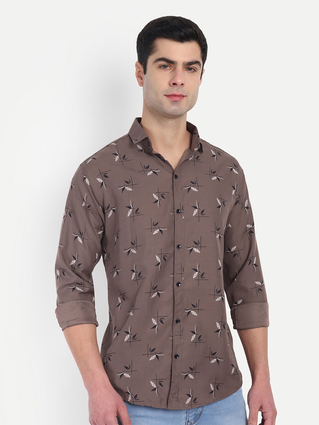 

S-LINE Classic Opaque Conversational Printed Cotton Casual Shirt, Coffee brown