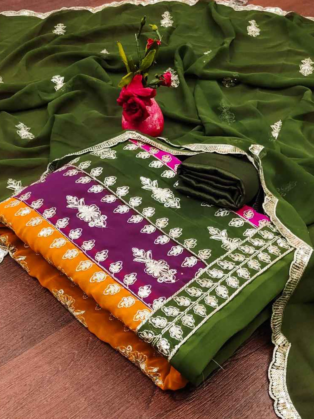

faxofab Embroidered Unstitched Dress Material, Green