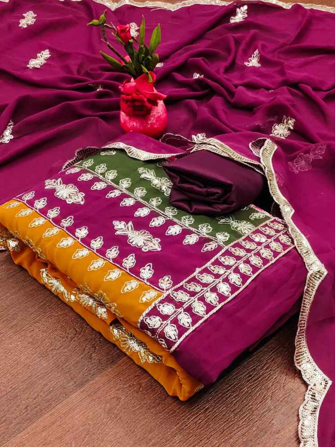 

faxofab Ethnic Sequinned Motifs Embroidered Unstitched Dress Material, Purple